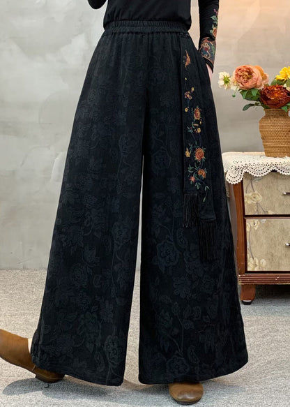 Black Elastic Waist Pockets Jacquard Cotton Pants Fall