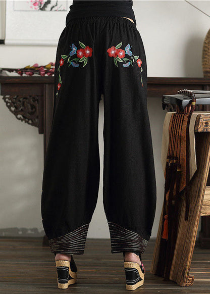 Black Embroideried Elastic Waist Pockets Cotton Lantern Pants Spring