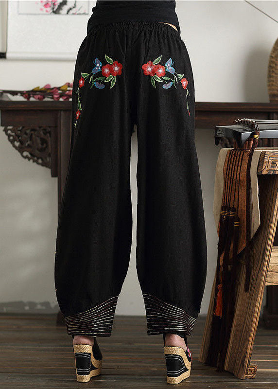 Black Embroideried Elastic Waist Pockets Cotton Lantern Pants Spring