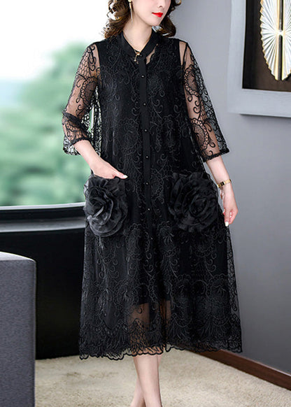 Black Embroideried Tulle Long Coats Half Sleeve