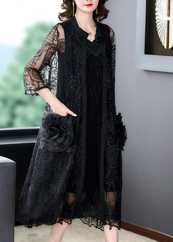 Black Embroideried Tulle Long Coats Half Sleeve