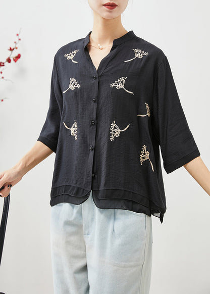 Black Embroideried Patchwork Linen Shirt Top Half Sleeve