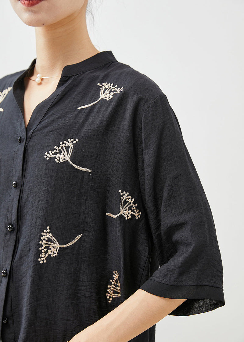 Black Embroideried Patchwork Linen Shirt Top Half Sleeve