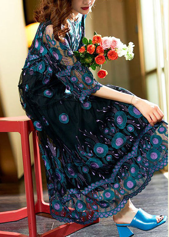 Black Embroideried Patchwork Long Chiffon Dress Summer