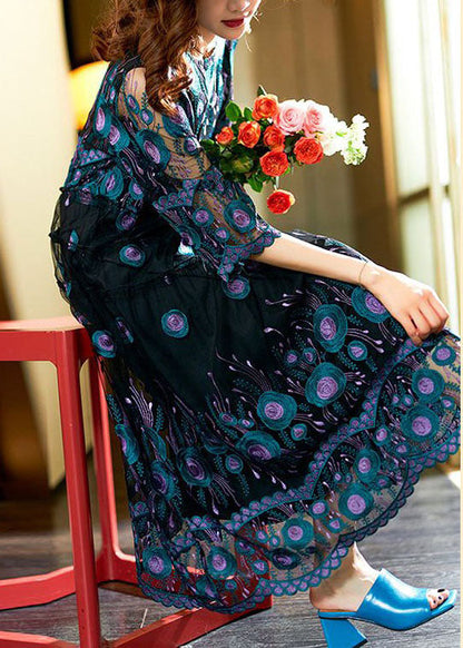 Black Embroideried Patchwork Long Chiffon Dress Summer