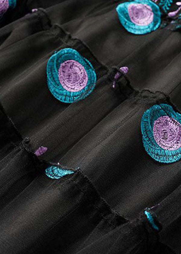 Black Embroideried Patchwork Long Chiffon Dress Summer