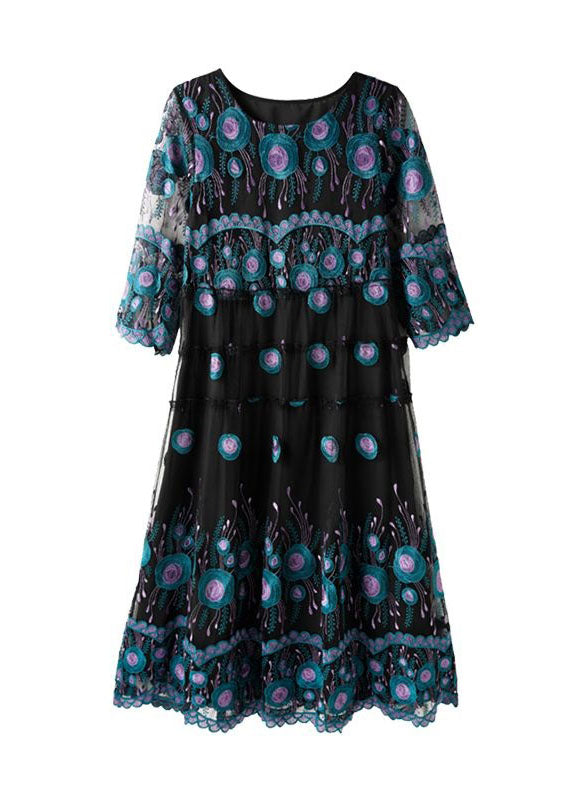Black Embroideried Patchwork Long Chiffon Dress Summer