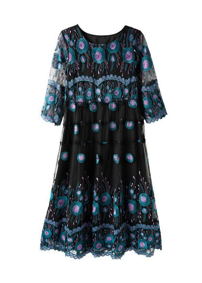 Black Embroideried Patchwork Long Chiffon Dress Summer