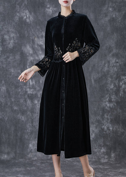 Black Embroidered Ruffled Silk Velour Dress Spring
