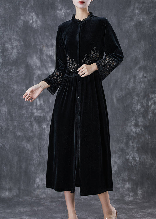 Black Embroidered Ruffled Silk Velour Dress Spring