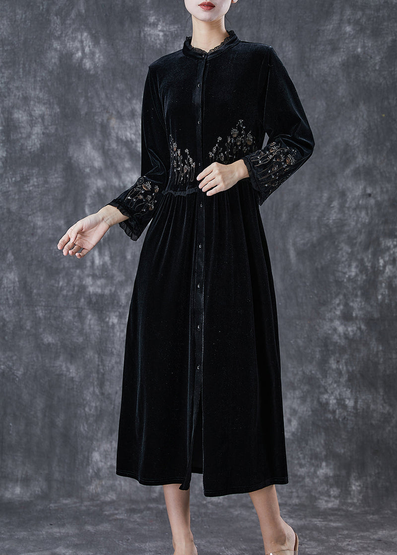 Black Embroidered Ruffled Silk Velour Dress Spring