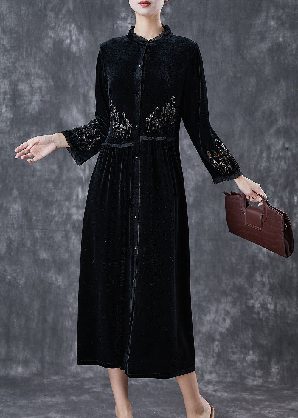 Black Embroidered Ruffled Silk Velour Dress Spring