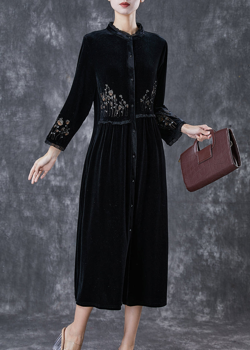 Black Embroidered Ruffled Silk Velour Dress Spring