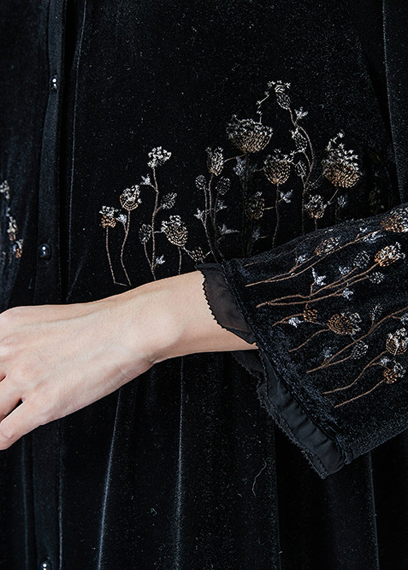 Black Embroidered Ruffled Silk Velour Dress Spring