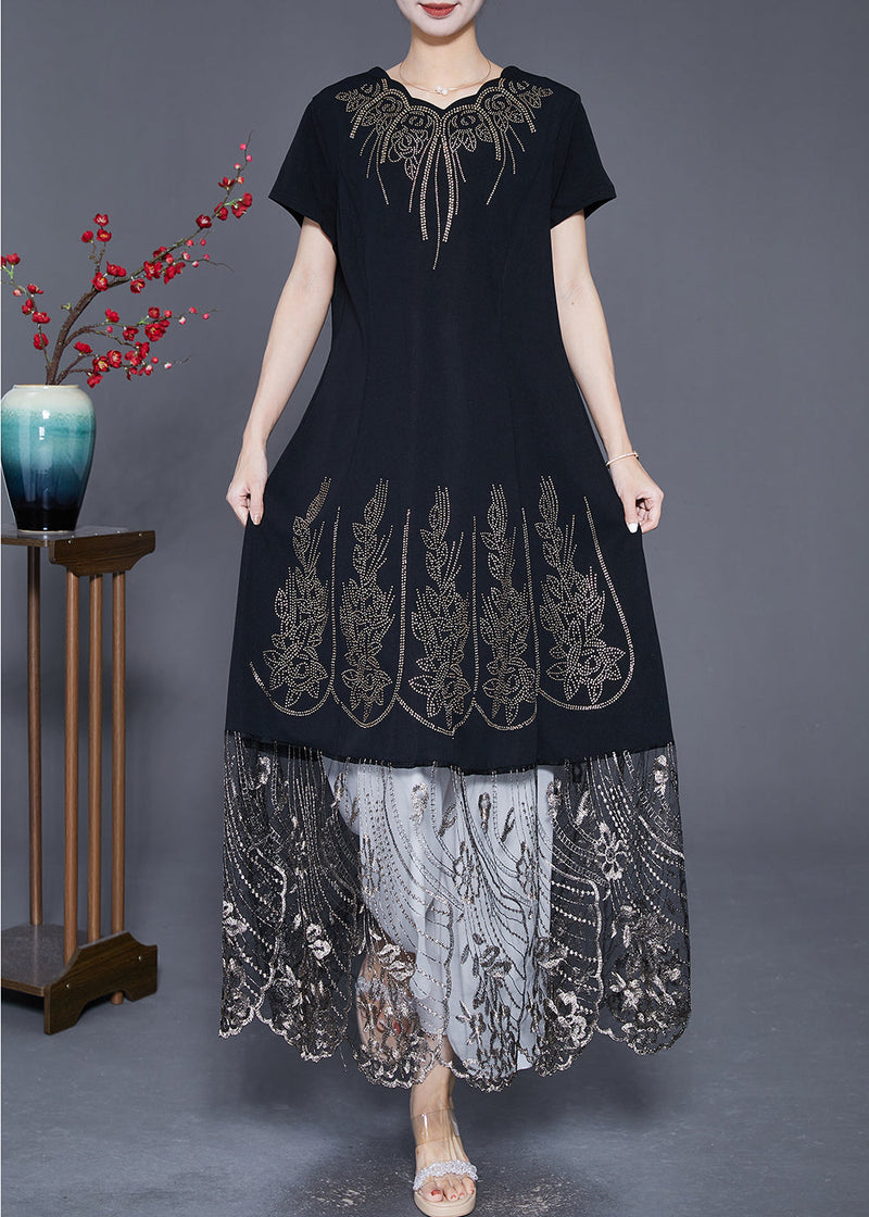 Black Embroideried Tulle Patchwork Zircon Cotton Dress Summer