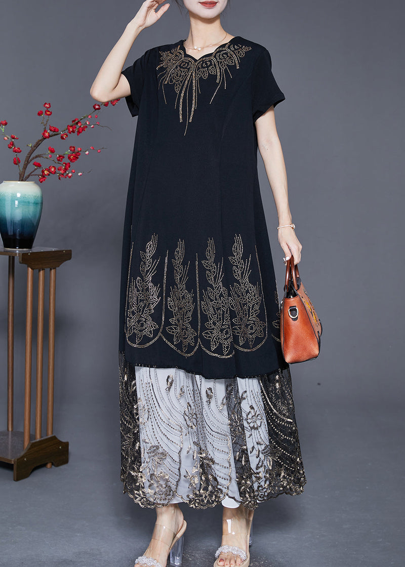 Black Embroideried Tulle Patchwork Zircon Cotton Dress Summer