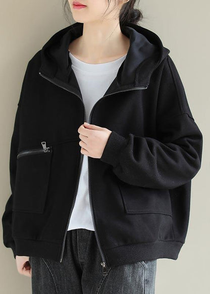 Black Outfit Wardrobes Hooded Zip Up Spring Coats