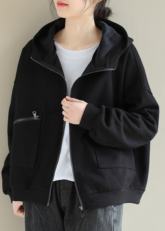 Black Outfit Wardrobes Hooded Zip Up Spring Coats