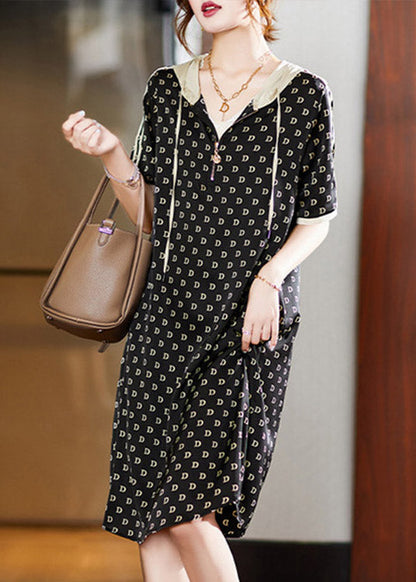 Black Graphic Print Patchwork Neck Tie Hooded Maxi Dresses Short Sleeve