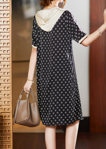 Black Graphic Print Patchwork Neck Tie Hooded Maxi Dresses Short Sleeve