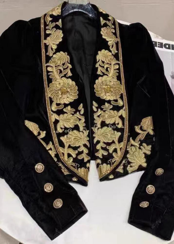 Black Handmade Embroideried Velour Coats Spring