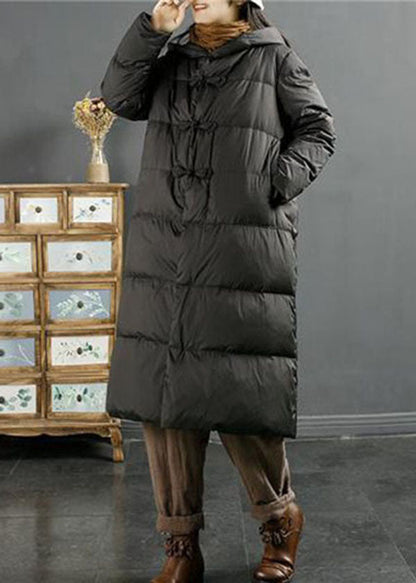 Black Hooded Oriental Button Duck Down Puffers Jackets Winter