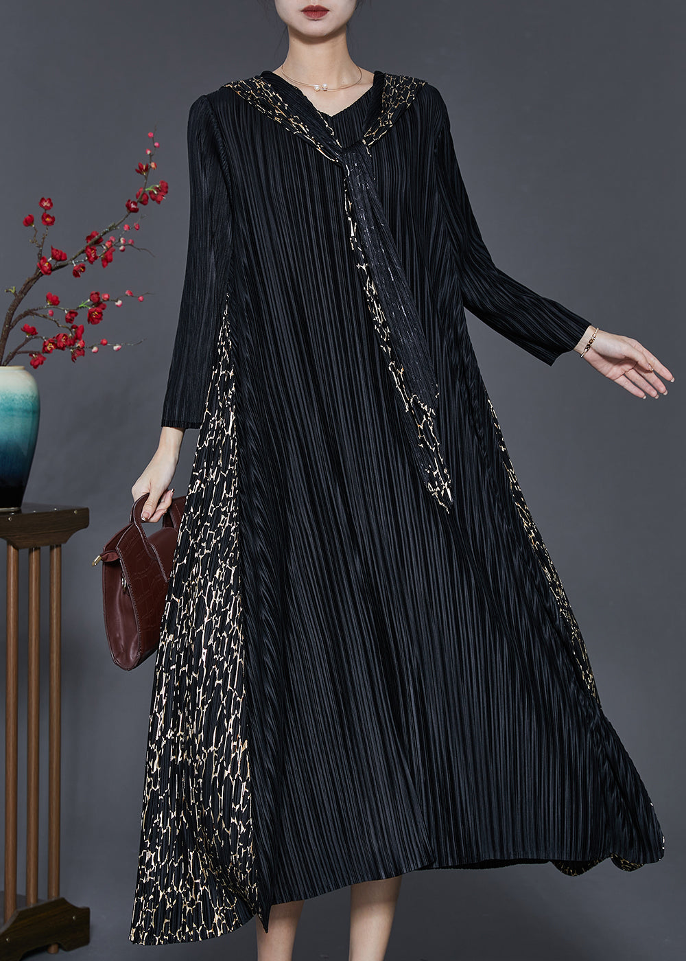 Black Hooded Patchwork Wrinkled Maxi Dresses Spring