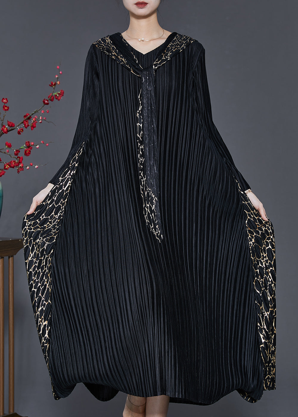 Black Hooded Patchwork Wrinkled Maxi Dresses Spring