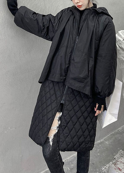 Black Hooded Plaid Patchwork Fine Cotton Filled Coats Winter
