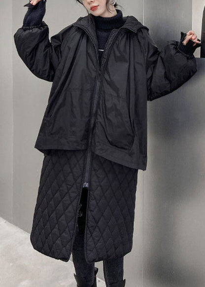 Black Hooded Plaid Patchwork Fine Cotton Filled Coats Winter