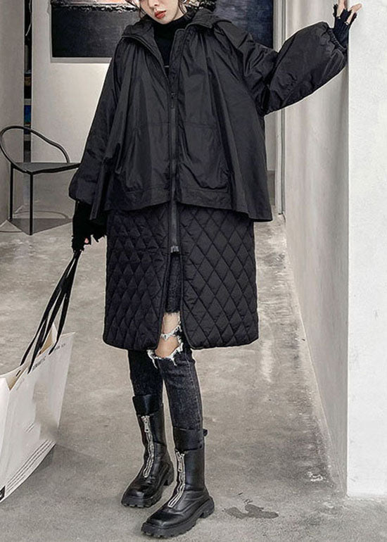 Black Hooded Plaid Patchwork Fine Cotton Filled Coats Winter