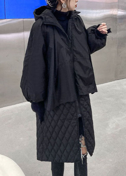 Black Hooded Plaid Patchwork Fine Cotton Filled Coats Winter