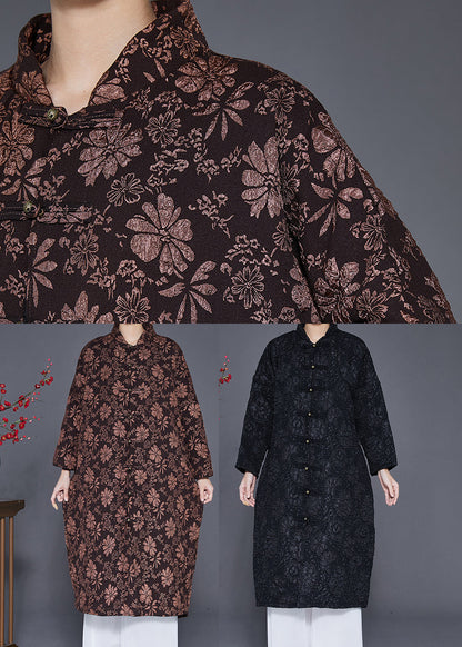 Black Jacquard Chinese Button Fine Cotton Filled Parka Jacket Winter