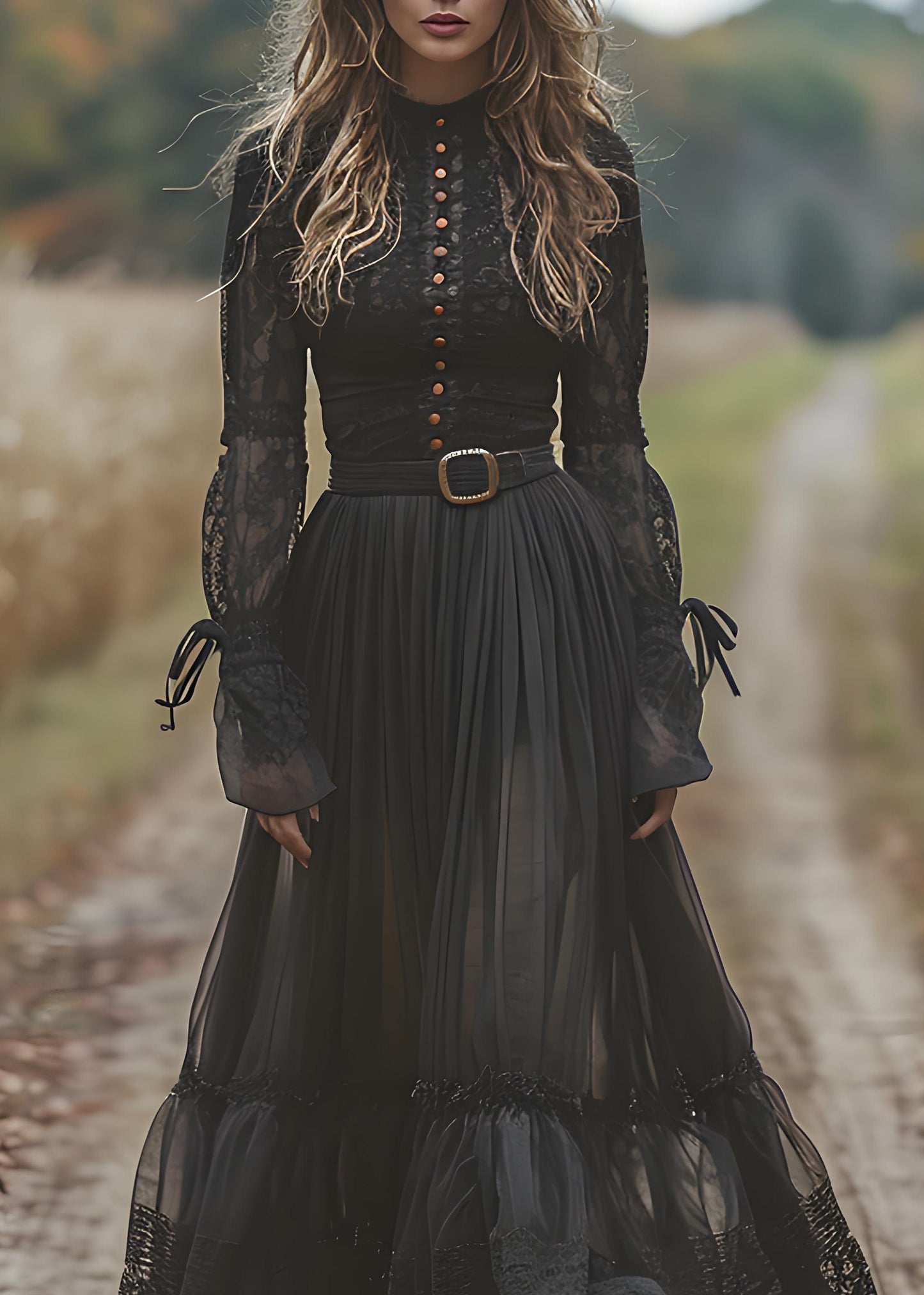 Black Lace Patchwork Wrinkled Cotton Maxi Dresses Spring