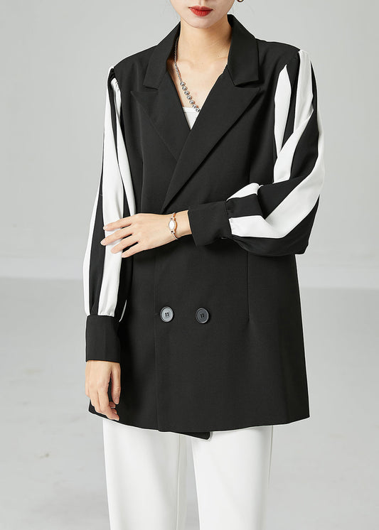Black Notched Patchwork Double Breast Spandex Coats Spring
