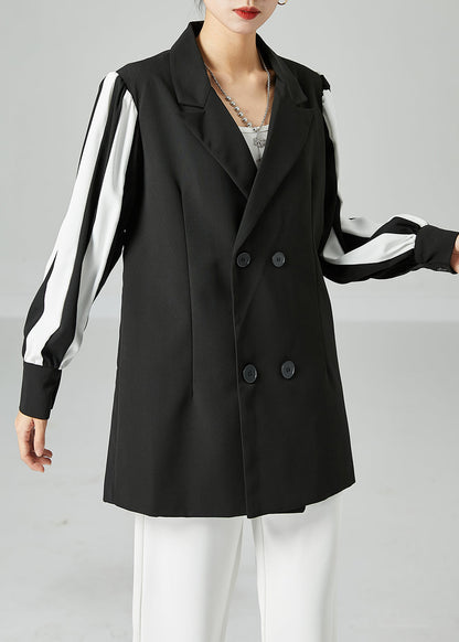 Black Notched Patchwork Double Breast Spandex Coats Spring