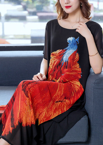 Black O Neck Animal Print Patchwork Chiffon Dresses Summer