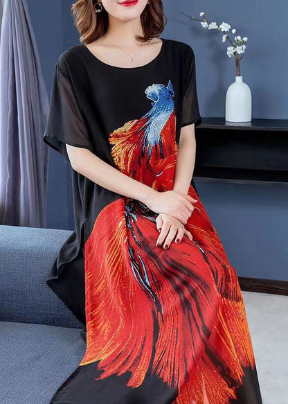 Black O Neck Animal Print Patchwork Chiffon Dresses Summer