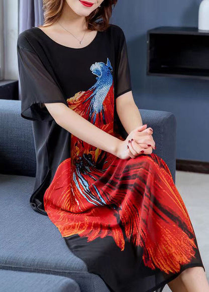 Black O Neck Animal Print Patchwork Chiffon Dresses Summer