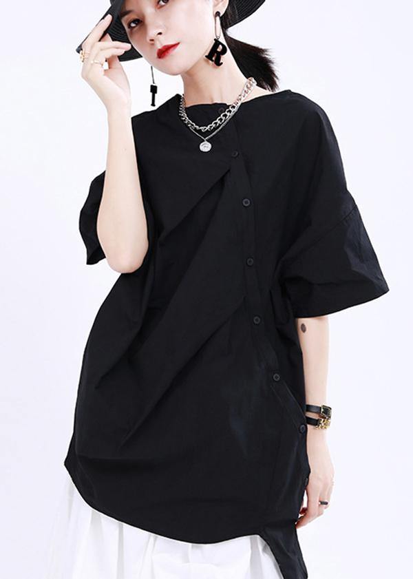 Black O-neck Button Cotton Top Summer