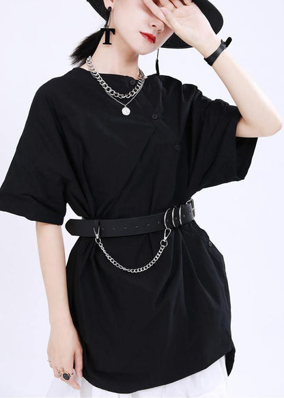 Black O-neck Button Cotton Top Summer