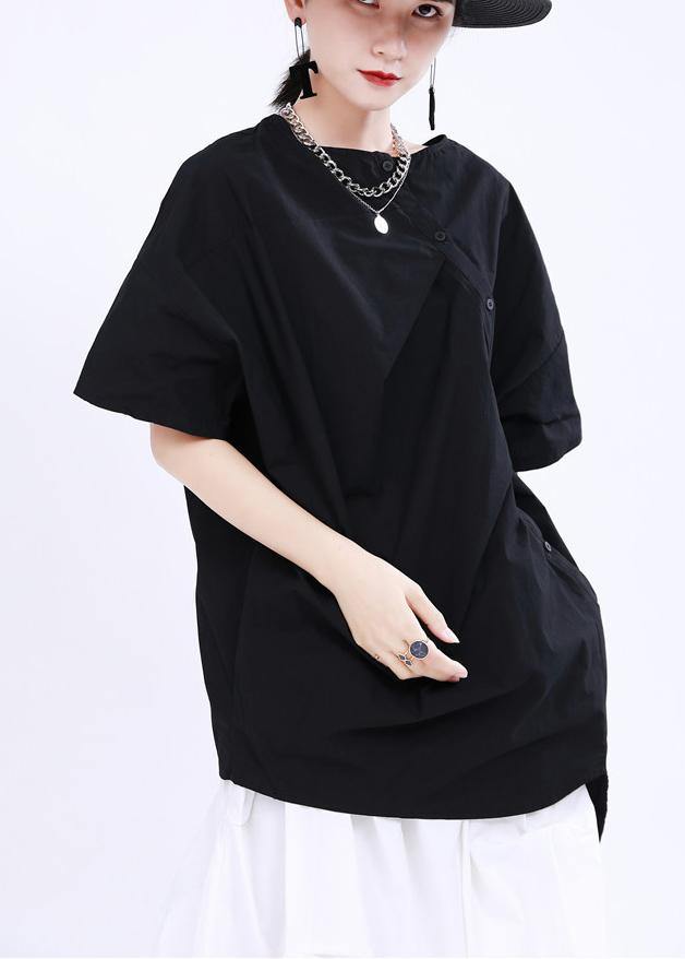 Black O-neck Button Cotton Top Summer