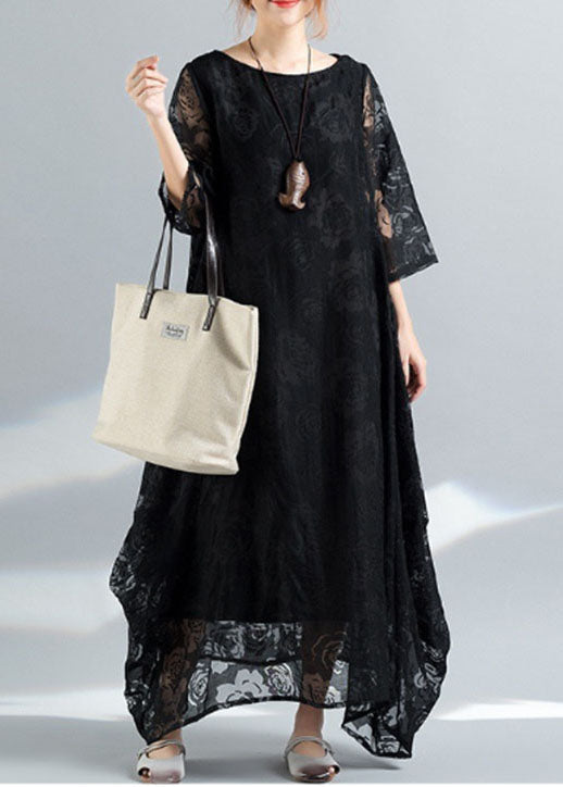 Black O-neck Embroideried Lace Long Dress Bracelet Sleeve