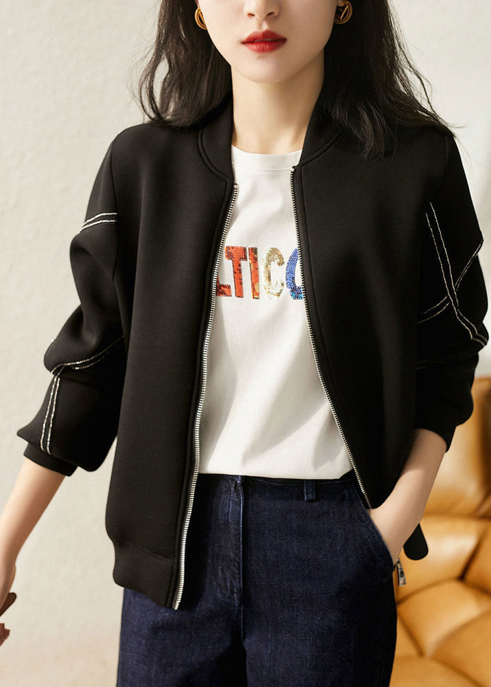 Black O-neck Patchwork Zippered Jackets Long Sleeve