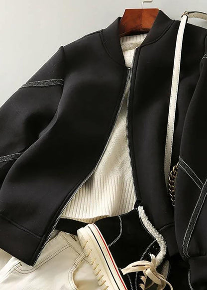 Black O-neck Patchwork Zippered Jackets Long Sleeve