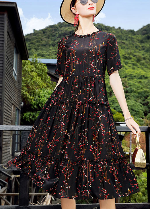 Black O-neck Ruffled Print Silk Maxi Dress Short Sleeve