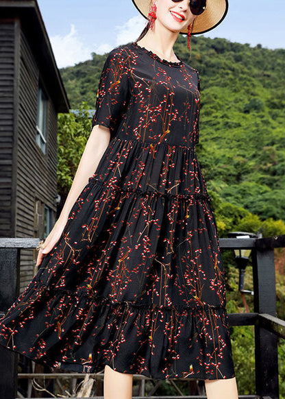 Black O-neck Ruffled Print Silk Maxi Dress Short Sleeve
