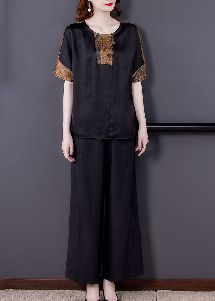 Black O-neck Tops and Pants Silk Two Pieces Set Summer
