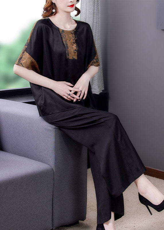 Black O-neck Tops and Pants Silk Two Pieces Set Summer