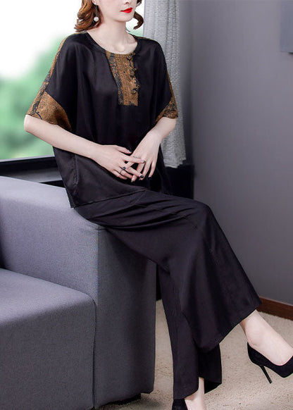 Black O-neck Tops and Pants Silk Two Pieces Set Summer